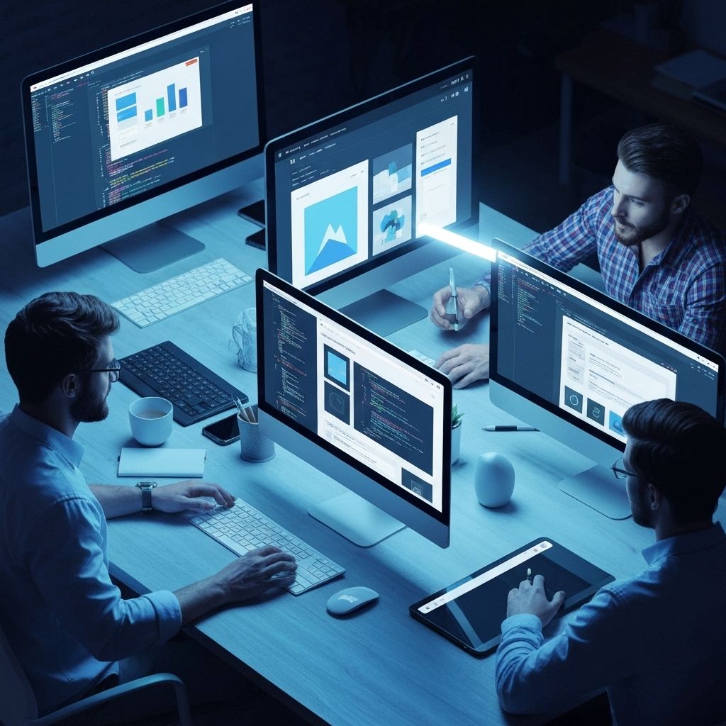 Custom Web Development showing modern responsive websites, coding interfaces, and web applications
