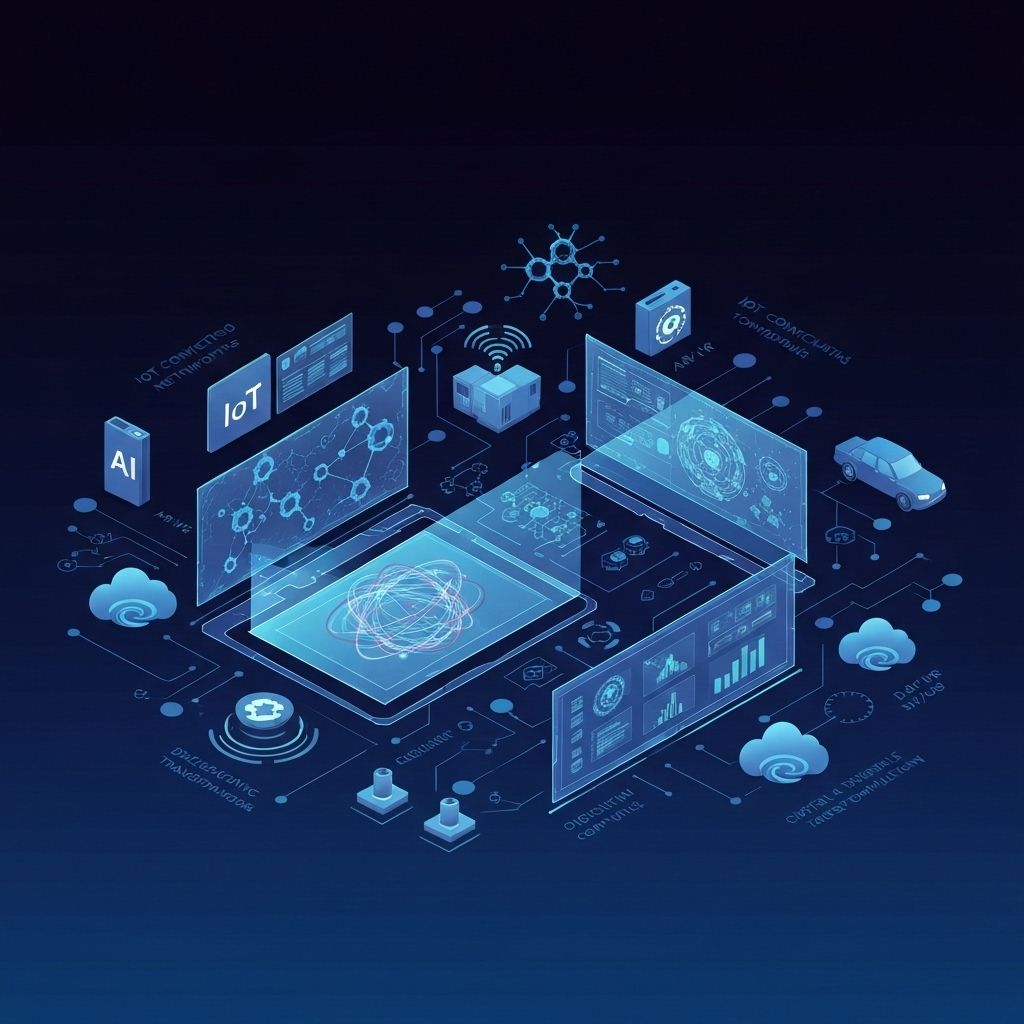 Future technology innovation featuring AI neural networks, IoT devices, blockchain networks, and emerging technologies